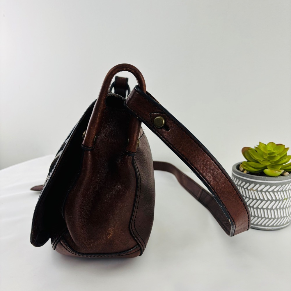 Fossil Reissue Saddle Flap Brown Leather Mixed Media Chevron Crossbody Bag Key - Picture 7 of 13
